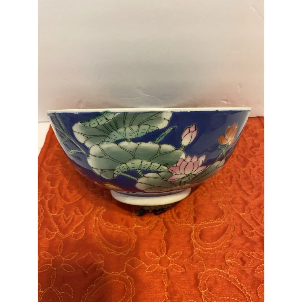 Chinese Bowl Blue Lily Pad Mandarin Birds Floral Pattern Porcelain~VINTAGE~1950s